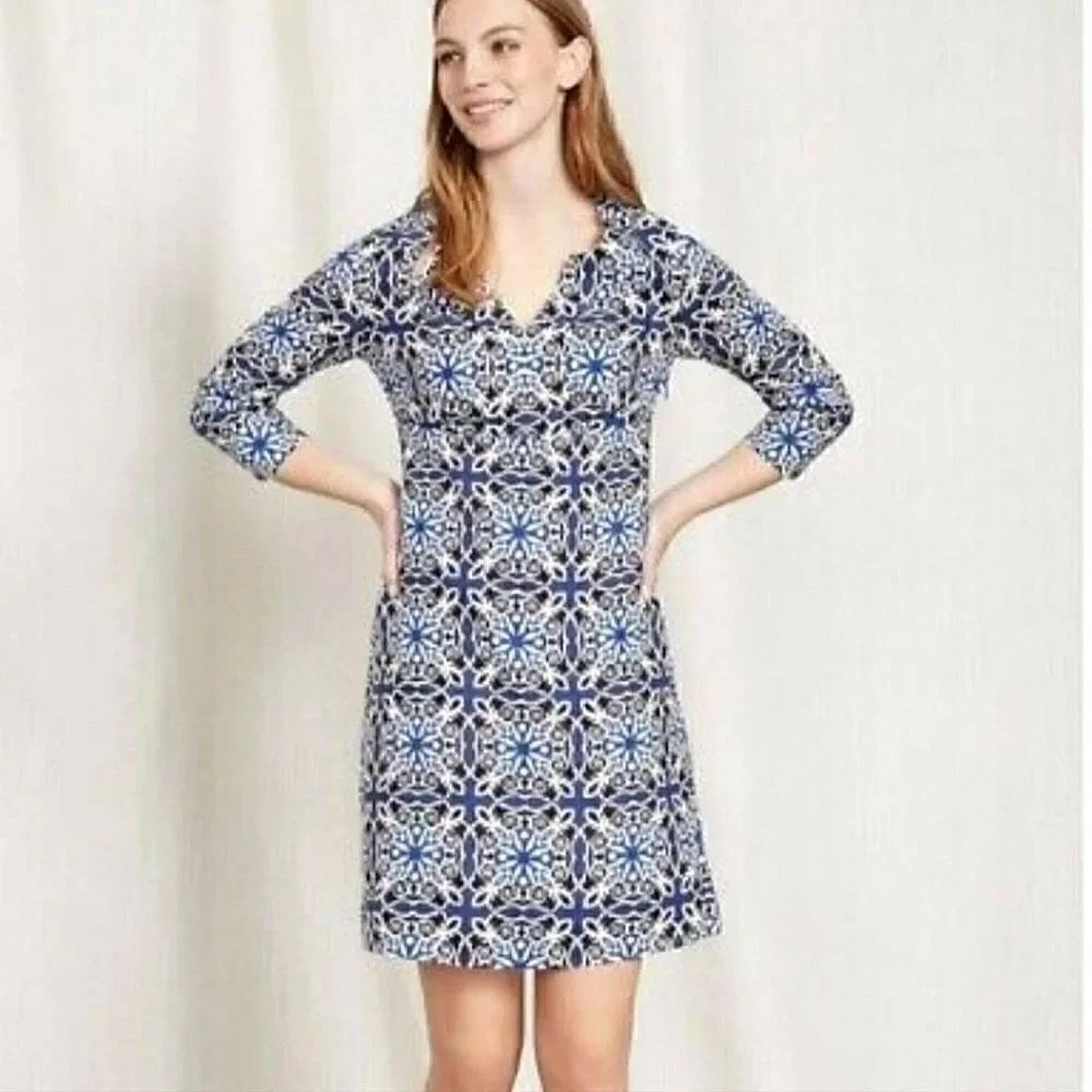 Boden Women's Casual Linen Tunic Dress Size 4R Imperial Blue Woodblock